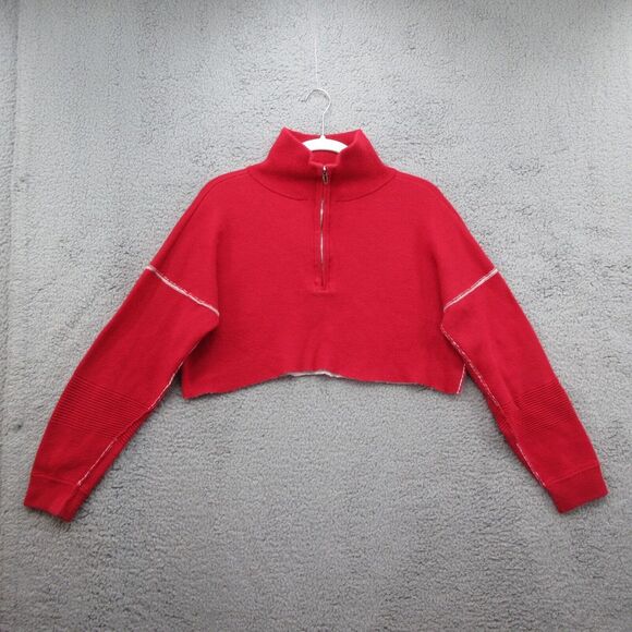 silence + noise Sweaters - Silence + Noise Cropped 1/4 Zip Pullover Sweater Womens S Red Cozy